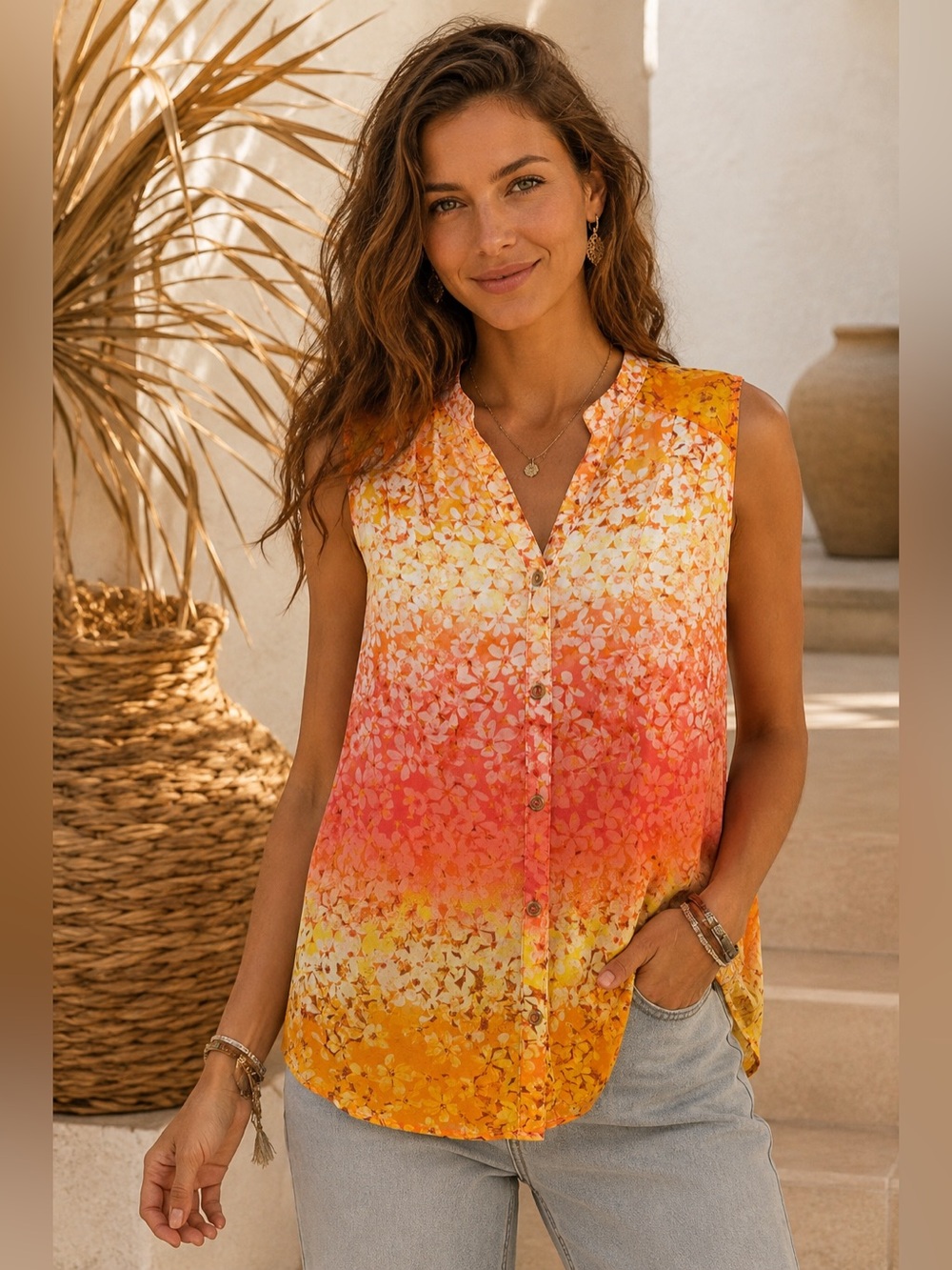 NY Collection Sheer Floral Sleeveless Button-Front Blouse